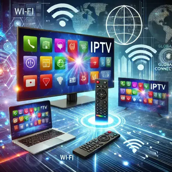 صورة تمثل تقنية IPTV ومميزاتها، مع التركيز على الأجهزة الذكية مثل التلفاز، الكمبيوتر المحمول، والهواتف الذكية المرتبطة بتقنية البث الرقمي